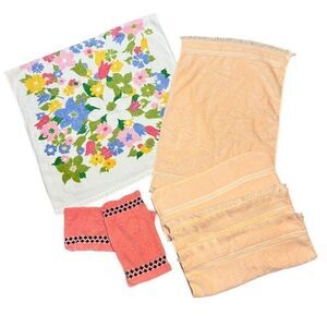 Vintage Towel Lot Cannon MCM Fringe Pink Floral Retro 60s 70s Dundee TWL001
